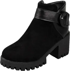 Womens Platform Ankle Boots Combat Boots for Women Chunky Heel Side Zipper Booties Round Toe Casual Buckle High Heel Ankle Boots Suede Slip On Short Boots for Christmas Party Work Travel
