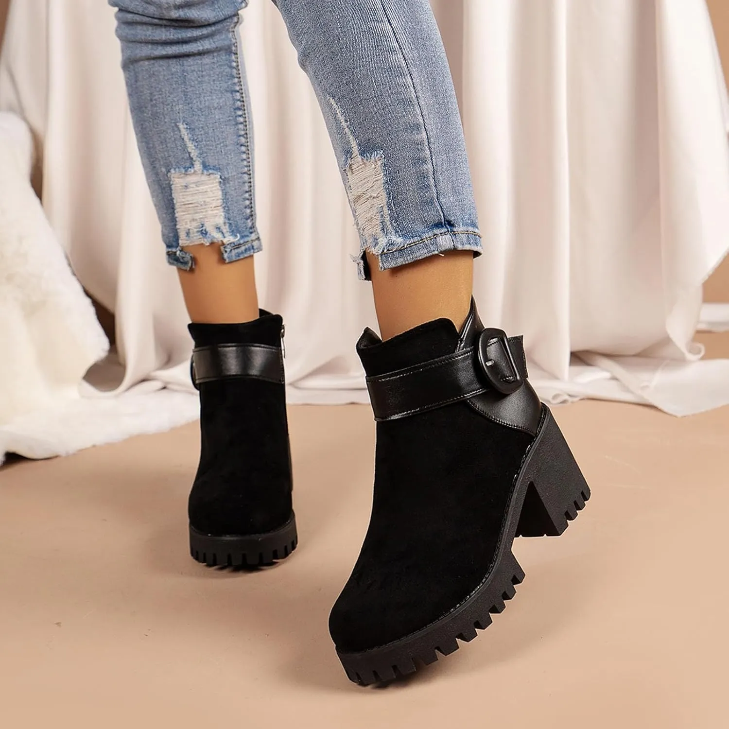 Womens Platform Ankle Boots Combat Boots for Women Chunky Heel Side Zipper Booties Round Toe Casual Buckle High Heel Ankle Boots Suede Slip On Short Boots for Christmas Party Work Travel
