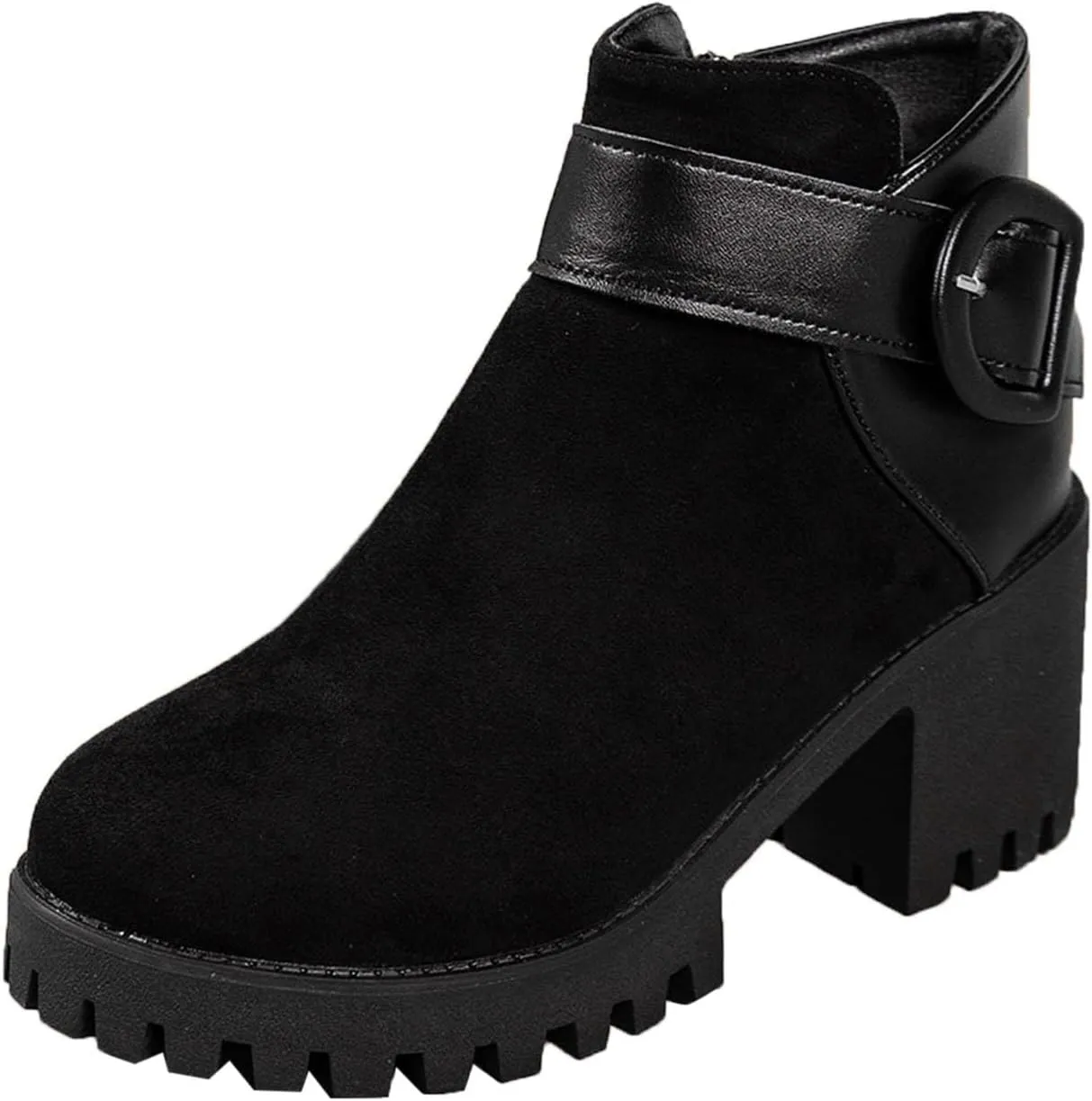 Womens Platform Ankle Boots Combat Boots for Women Chunky Heel Side Zipper Booties Round Toe Casual Buckle High Heel Ankle Boots Suede Slip On Short Boots for Christmas Party Work Travel