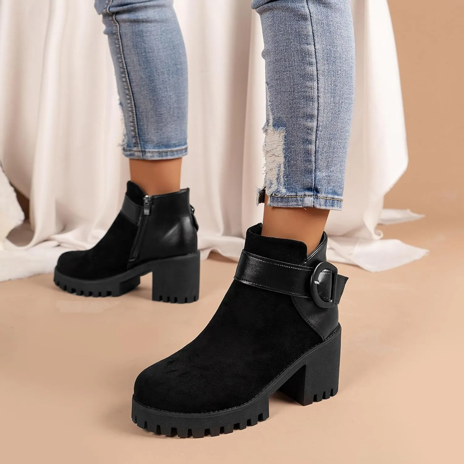 Womens Platform Ankle Boots Combat Boots for Women Chunky Heel Side Zipper Booties Round Toe Casual Buckle High Heel Ankle Boots Suede Slip On Short Boots for Christmas Party Work Travel