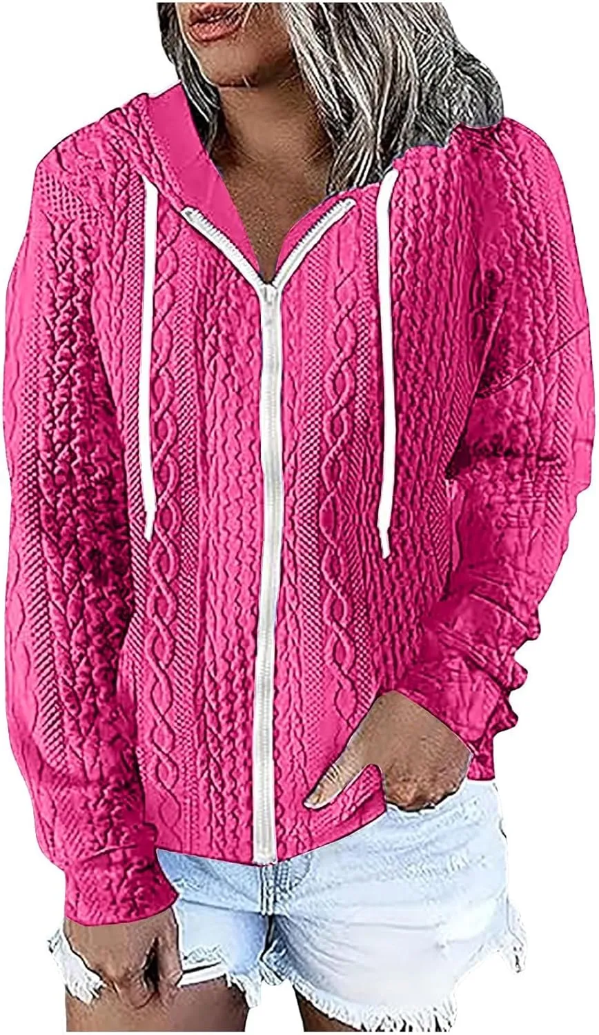 Womens Plus Size Hoodies Zip Up Sweatshirts Long Sleeve Textured Drawstring Zip Jackets Outwear with Pockets