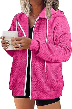 Womens Plus Size Hoodies Zip Up Sweatshirts Long Sleeve Textured Drawstring Zip Jackets Outwear with Pockets
