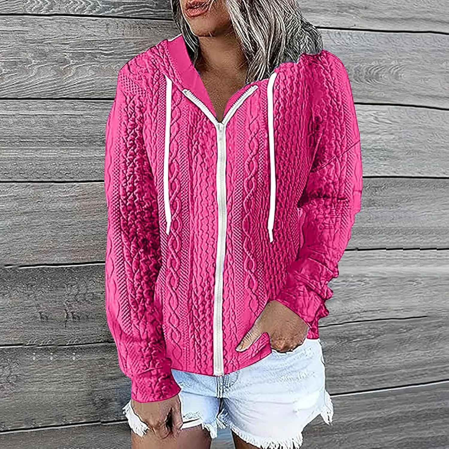 Womens Plus Size Hoodies Zip Up Sweatshirts Long Sleeve Textured Drawstring Zip Jackets Outwear with Pockets