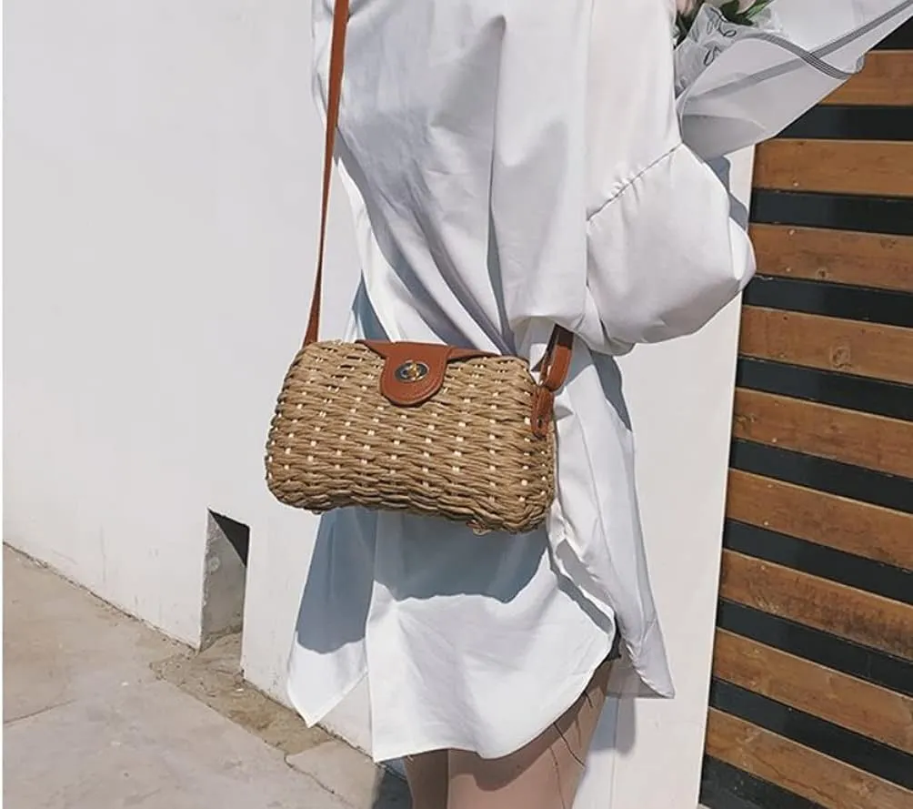 Womens Simple Elegant Summer Woven Shoulder Handbag, Leisure Straw Woven Bag/Purse for Beach Holiday