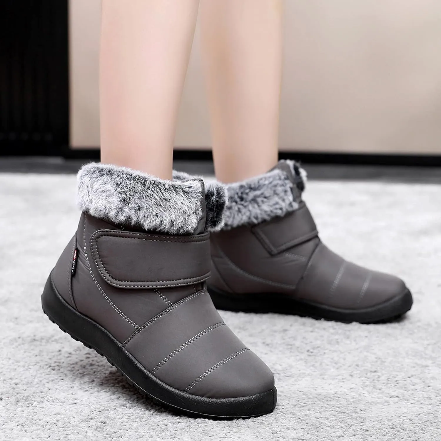 Womens Snow Boots Warm Fleece Lined Winter Boots Comfortable Slip On Outdoor Shoes for Women Round Toe Hook Loop Flat Boots Water-proof Booties Anti-Slip Walking Shoes Mid-Calf Boots
