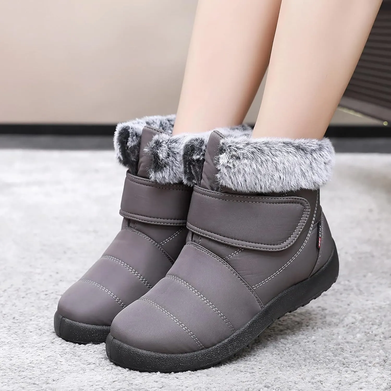 Womens Snow Boots Warm Fleece Lined Winter Boots Comfortable Slip On Outdoor Shoes for Women Round Toe Hook Loop Flat Boots Water-proof Booties Anti-Slip Walking Shoes Mid-Calf Boots