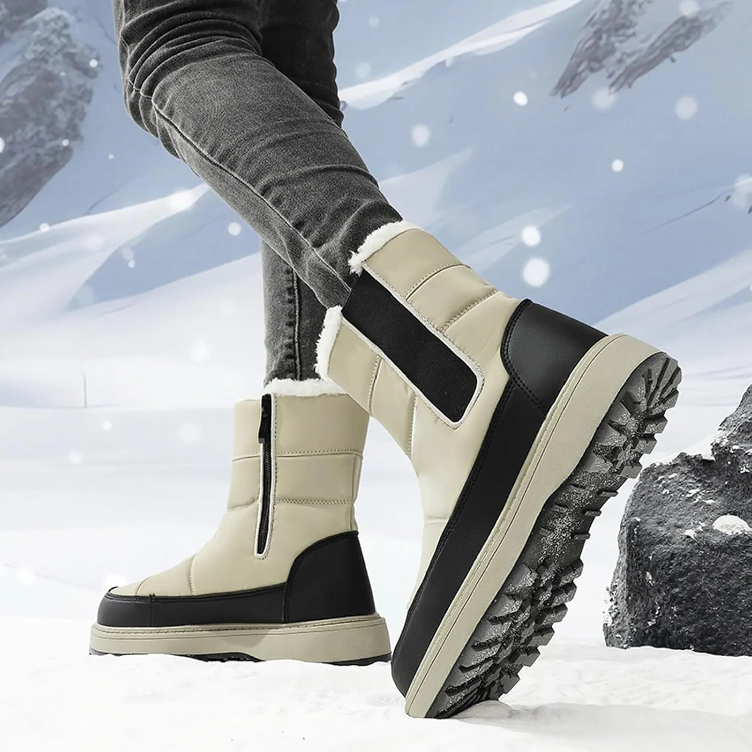 Womens Snow Boots Winter Boots for Women Warm Fleece Lined Furry Mid Calf Boots Ladies Platform Boots Water-proof Non-Slip Outdoor Shoes Comfortable Walking Hiking Shoes for Women
