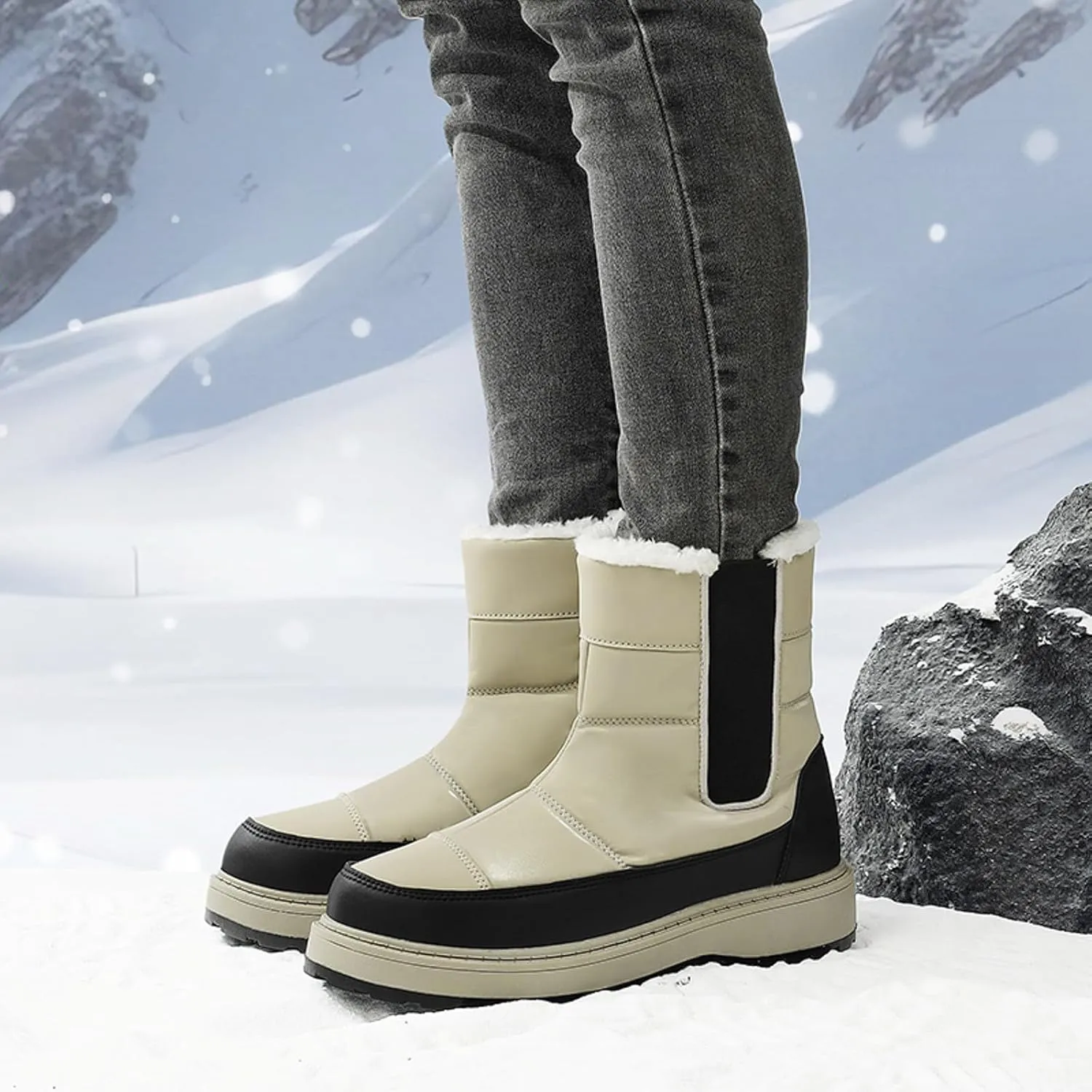 Womens Snow Boots Winter Boots for Women Warm Fleece Lined Furry Mid Calf Boots Ladies Platform Boots Water-proof Non-Slip Outdoor Shoes Comfortable Walking Hiking Shoes for Women