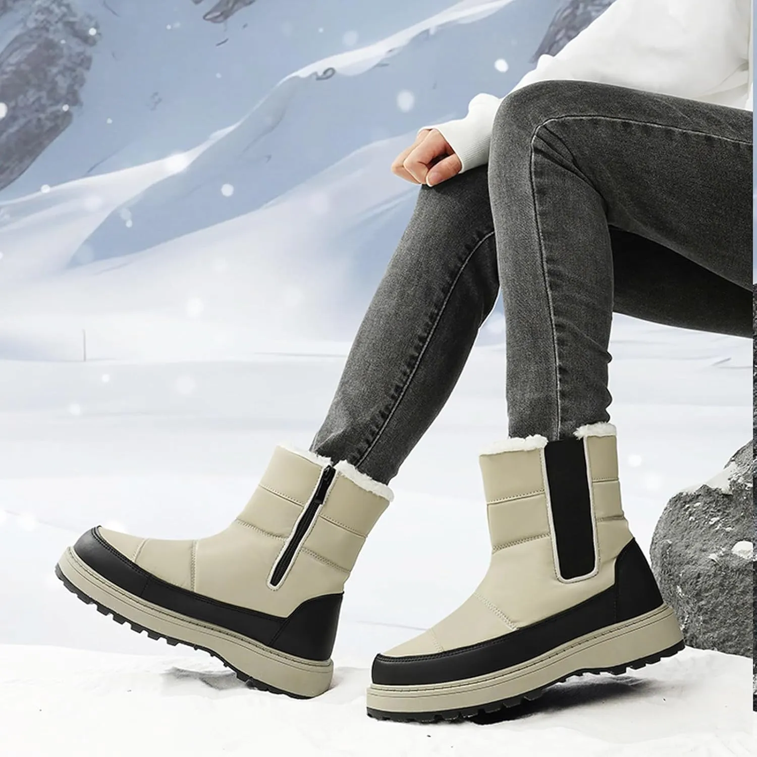 Womens Snow Boots Winter Boots for Women Warm Fleece Lined Furry Mid Calf Boots Ladies Platform Boots Water-proof Non-Slip Outdoor Shoes Comfortable Walking Hiking Shoes for Women