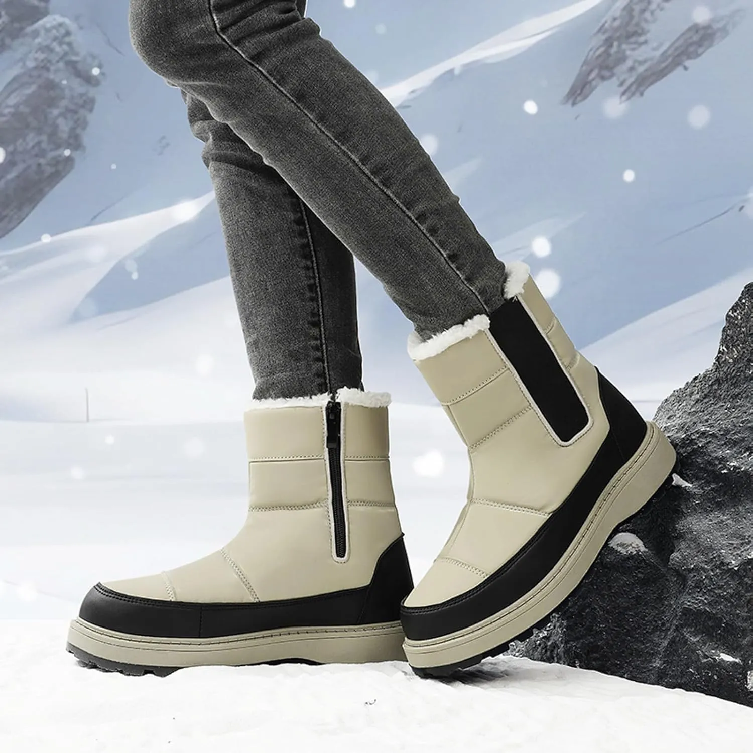 Womens Snow Boots Winter Boots for Women Warm Fleece Lined Furry Mid Calf Boots Ladies Platform Boots Water-proof Non-Slip Outdoor Shoes Comfortable Walking Hiking Shoes for Women