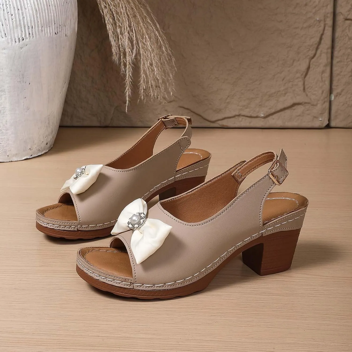 Women's Summer Sandals Comfortable Mid Heel Open Toe Bowknot Design Casual Dressy Vacation Beach Footwear