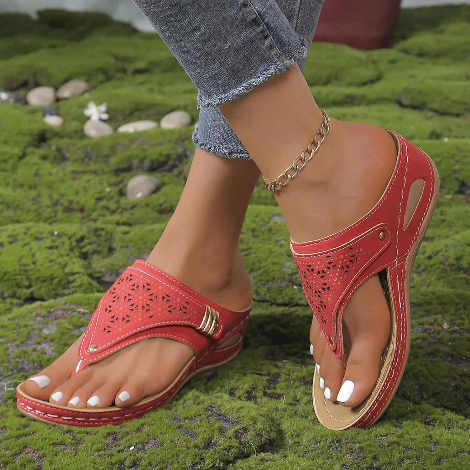 Womens Wedge Sandals Comfortable Orthopedic Walking Sandals Casual Beach Flip Flops Cushion Soft Rubber Slippers Casual Summer Outdoor