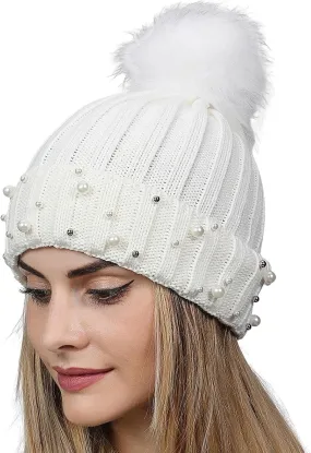Womens Winter Beanie Hat with Pom Knit Skull Cable Cap Beanie Fashion Pearls Beanies Cap Baggy Warm Hats