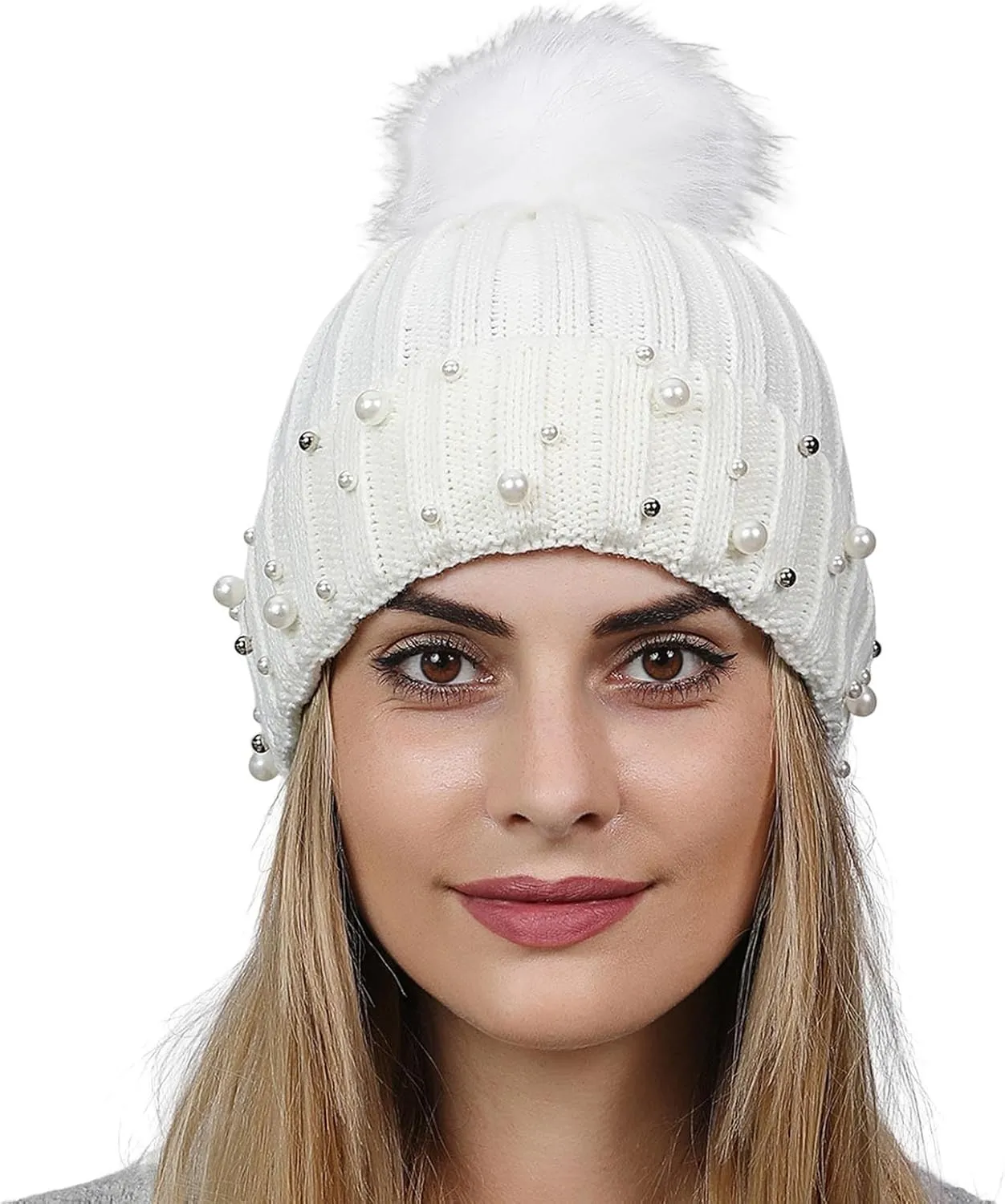 Womens Winter Beanie Hat with Pom Knit Skull Cable Cap Beanie Fashion Pearls Beanies Cap Baggy Warm Hats