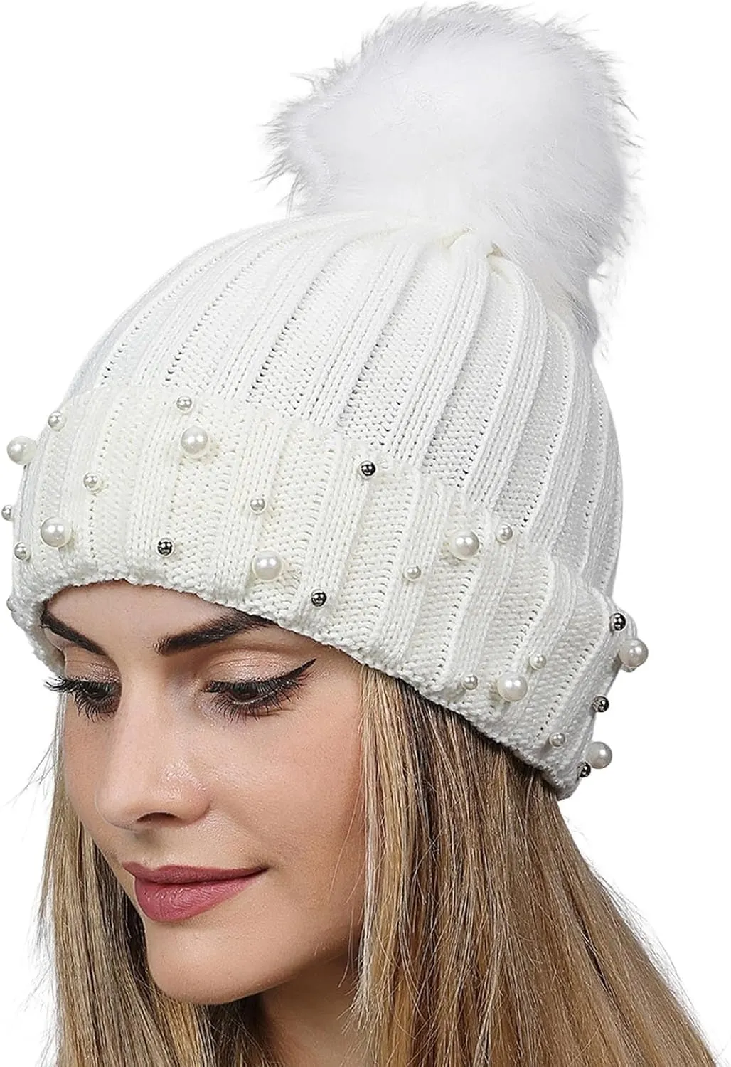 Womens Winter Beanie Hat with Pom Knit Skull Cable Cap Beanie Fashion Pearls Beanies Cap Baggy Warm Hats