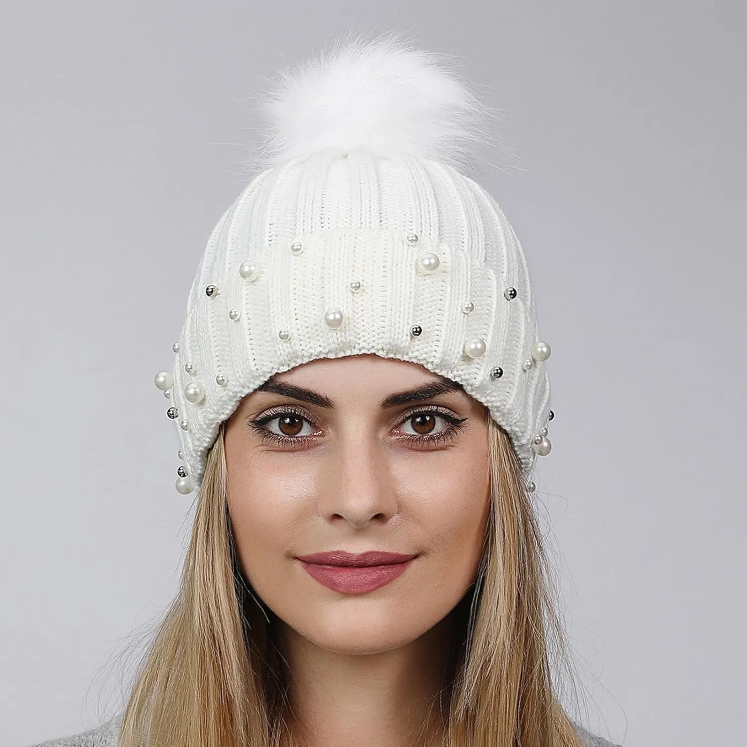Womens Winter Beanie Hat with Pom Knit Skull Cable Cap Beanie Fashion Pearls Beanies Cap Baggy Warm Hats
