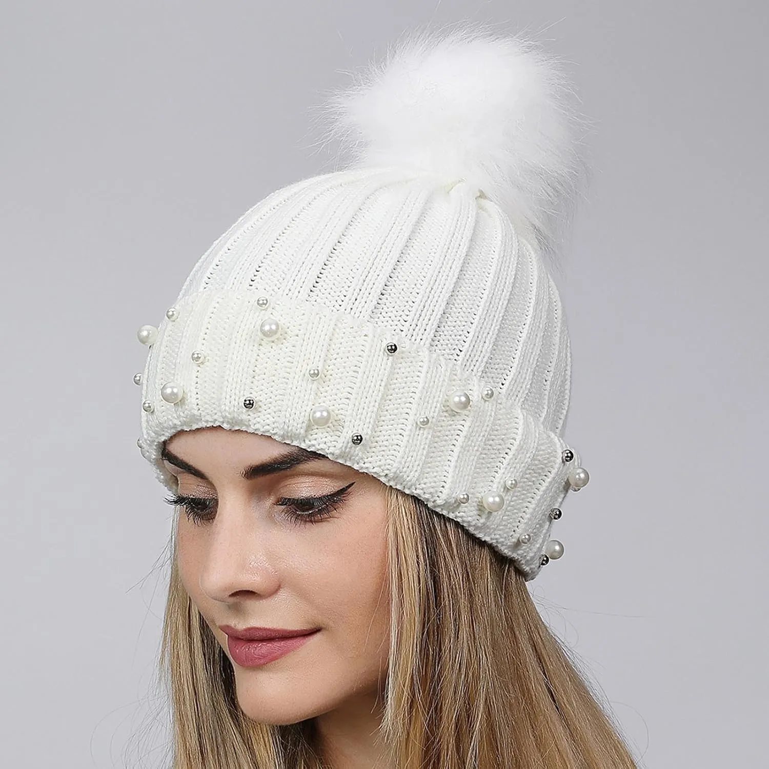 Womens Winter Beanie Hat with Pom Knit Skull Cable Cap Beanie Fashion Pearls Beanies Cap Baggy Warm Hats