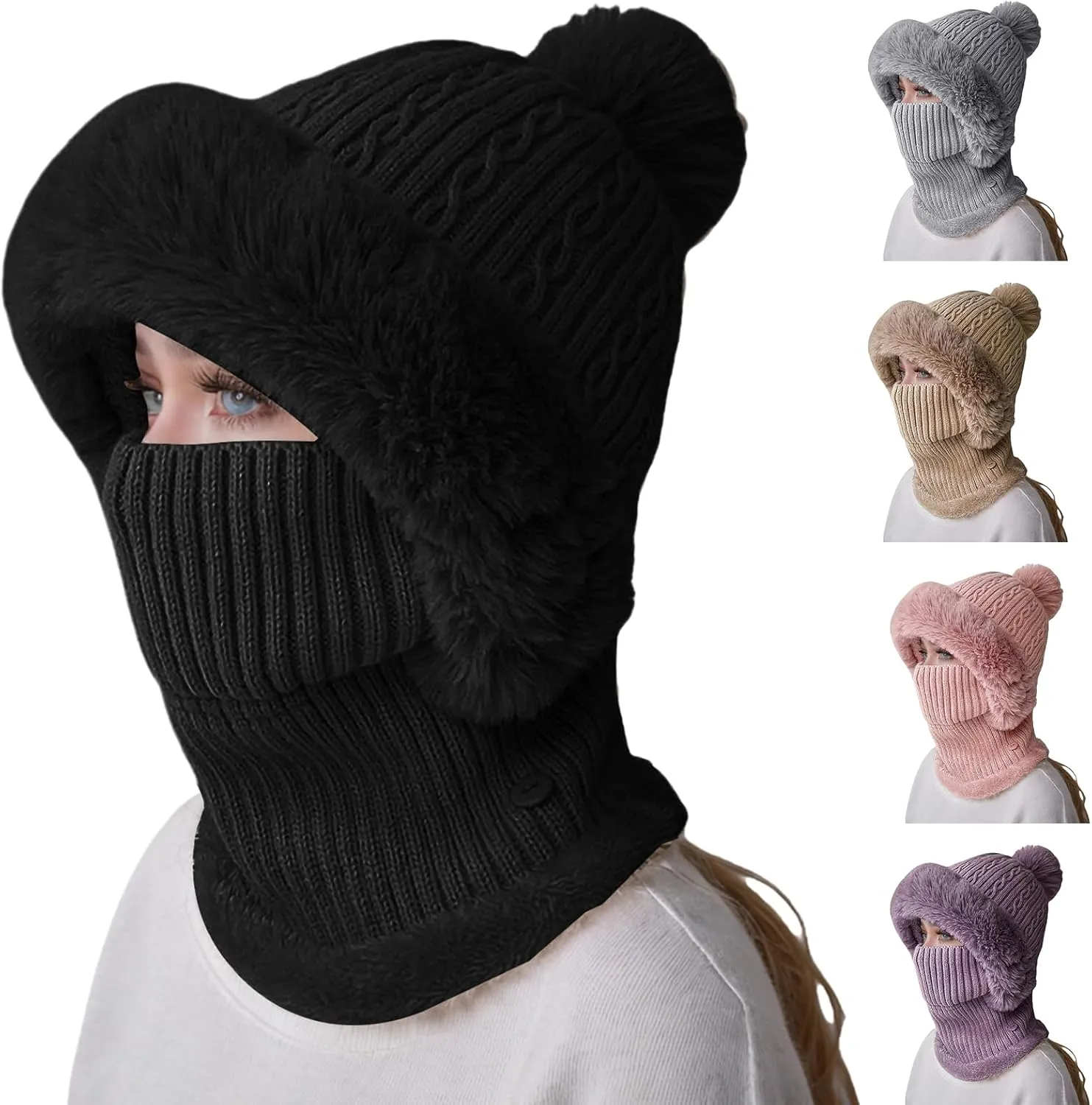 Women's Winter Beanie Hats Knit Striped Scarf Mask Set Fleece Sherpa Lined Snow Caps Winter Warm Hat with Pompom