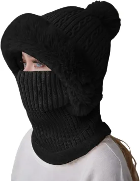 Women's Winter Beanie Hats Knit Striped Scarf Mask Set Fleece Sherpa Lined Snow Caps Winter Warm Hat with Pompom