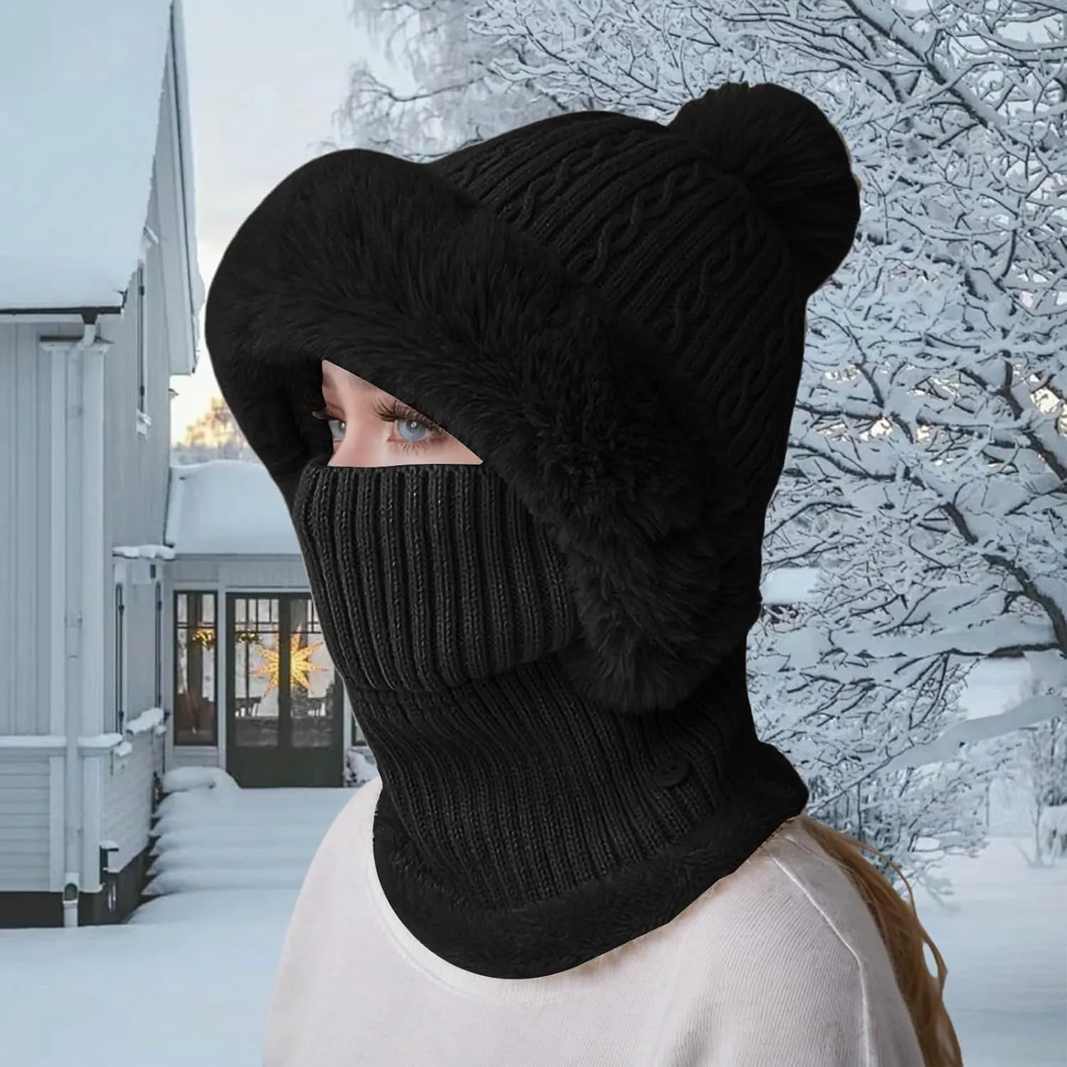 Women's Winter Beanie Hats Knit Striped Scarf Mask Set Fleece Sherpa Lined Snow Caps Winter Warm Hat with Pompom