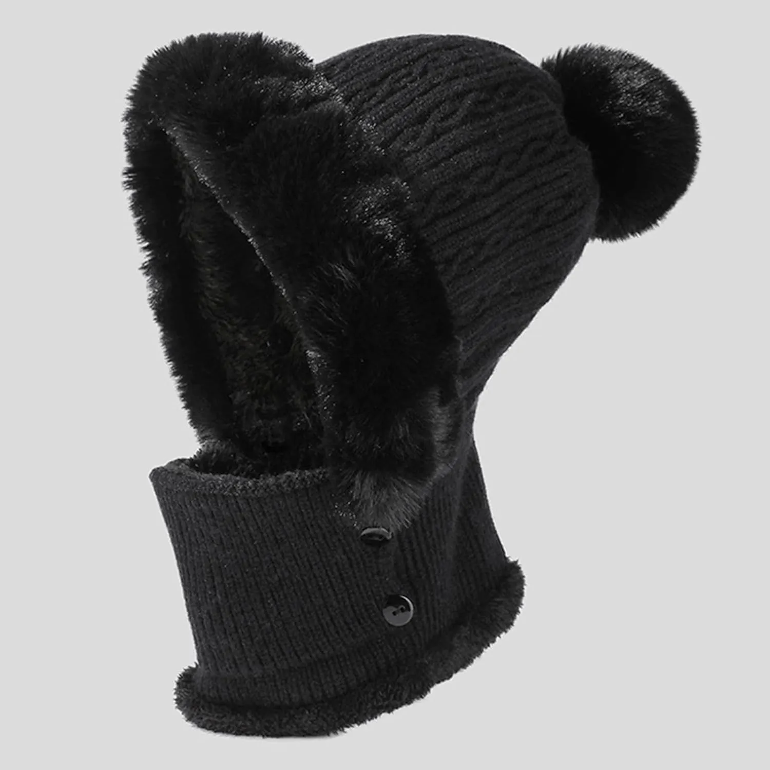 Women's Winter Beanie Hats Knit Striped Scarf Mask Set Fleece Sherpa Lined Snow Caps Winter Warm Hat with Pompom