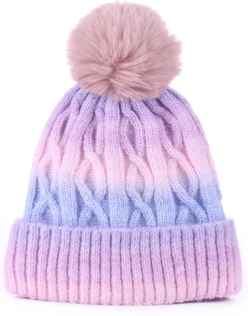 Womens Winter Knitted Beanie Hat with Faux Fur Pom Multi Color Space Dye Stretchable Soft Warm Skull Cap Beanie