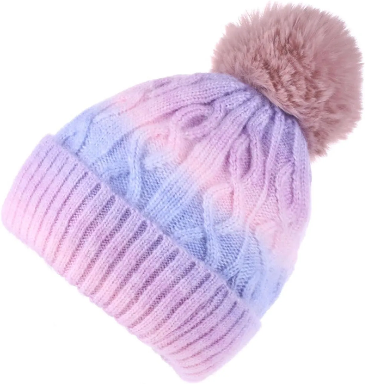 Womens Winter Knitted Beanie Hat with Faux Fur Pom Multi Color Space Dye Stretchable Soft Warm Skull Cap Beanie