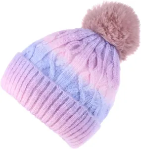 Womens Winter Knitted Beanie Hat with Faux Fur Pom Multi Color Space Dye Stretchable Soft Warm Skull Cap Beanie
