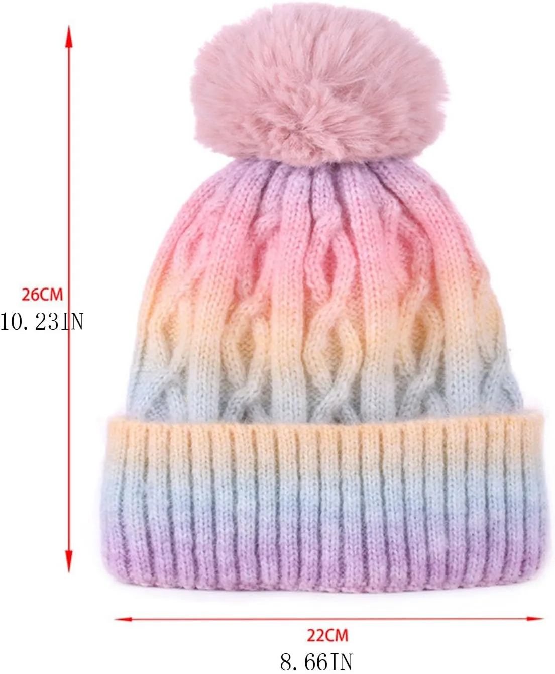Womens Winter Knitted Beanie Hat with Faux Fur Pom Multi Color Space Dye Stretchable Soft Warm Skull Cap Beanie