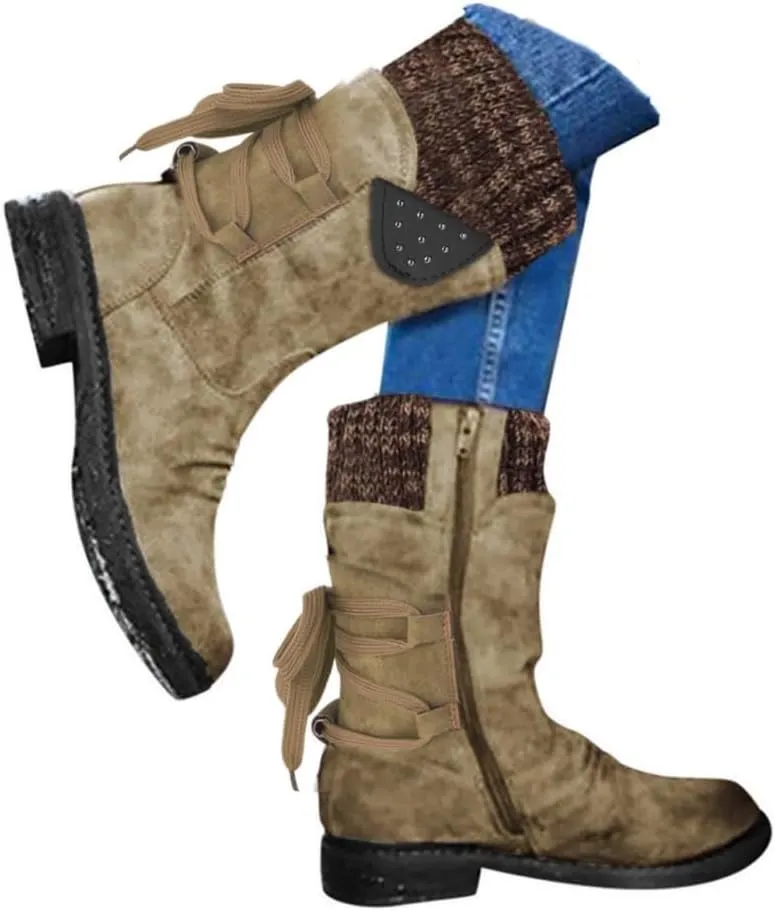 Womens Winter Snow Boots - Casual Hiking Boots For Women Outdoor Snow Mid Calf Boots Lightweight Lace up Fur Lined Walking Shoes Fashion Side Zipper Dressy Booties Slip On Riding Boots