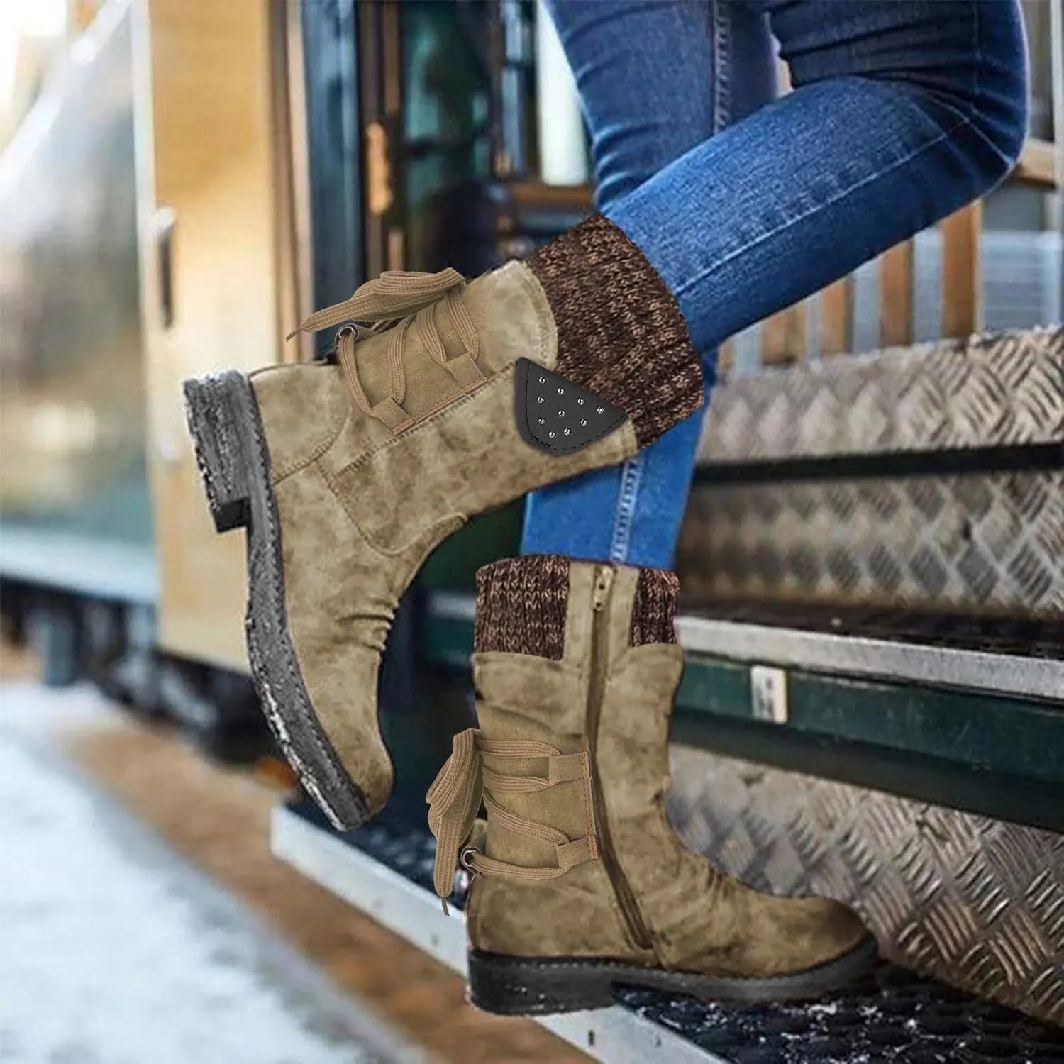 Womens Winter Snow Boots - Casual Hiking Boots For Women Outdoor Snow Mid Calf Boots Lightweight Lace up Fur Lined Walking Shoes Fashion Side Zipper Dressy Booties Slip On Riding Boots