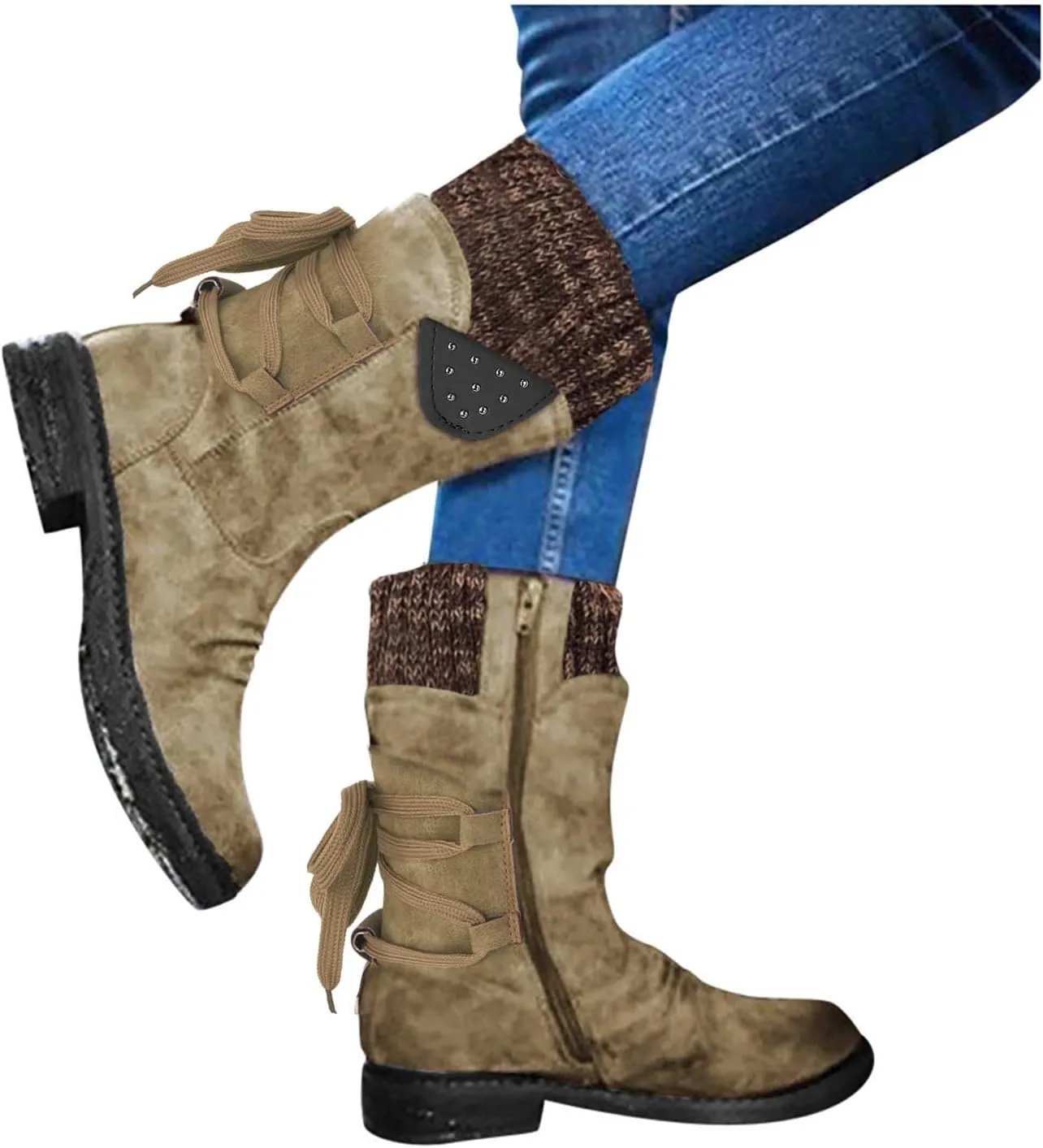 Womens Winter Snow Boots - Casual Hiking Boots For Women Outdoor Snow Mid Calf Boots Lightweight Lace up Fur Lined Walking Shoes Fashion Side Zipper Dressy Booties Slip On Riding Boots