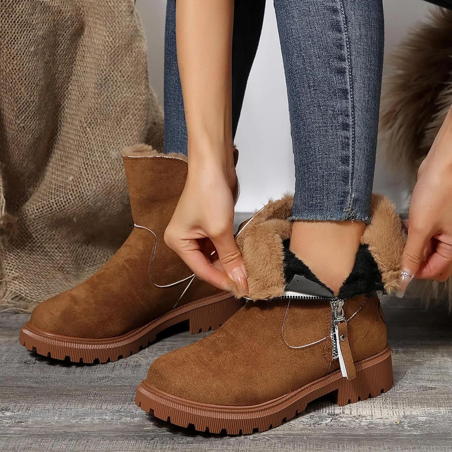 Women's Winter Snow Boots Platform Ankle Boots for Women Fleece Lined Warm Boots Water-proof Non-Slip Outdoor Shoes Chunky Low Heels Side Zipper Insulated Mid-Calf Boots Suede Slip On Boots