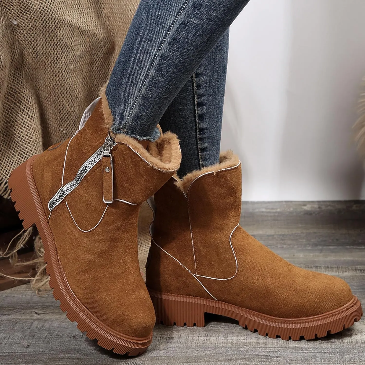 Women's Winter Snow Boots Platform Ankle Boots for Women Fleece Lined Warm Boots Water-proof Non-Slip Outdoor Shoes Chunky Low Heels Side Zipper Insulated Mid-Calf Boots Suede Slip On Boots