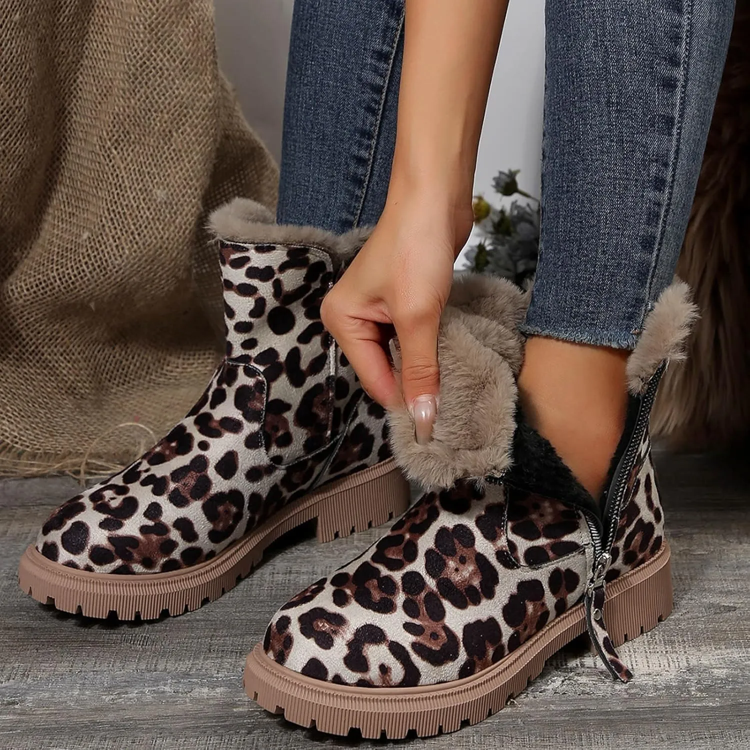 Women's Winter Snow Boots Platform Ankle Boots for Women Fleece Lined Warm Boots Water-proof Non-Slip Outdoor Shoes Chunky Low Heels Side Zipper Insulated Mid-Calf Boots Suede Slip On Boots