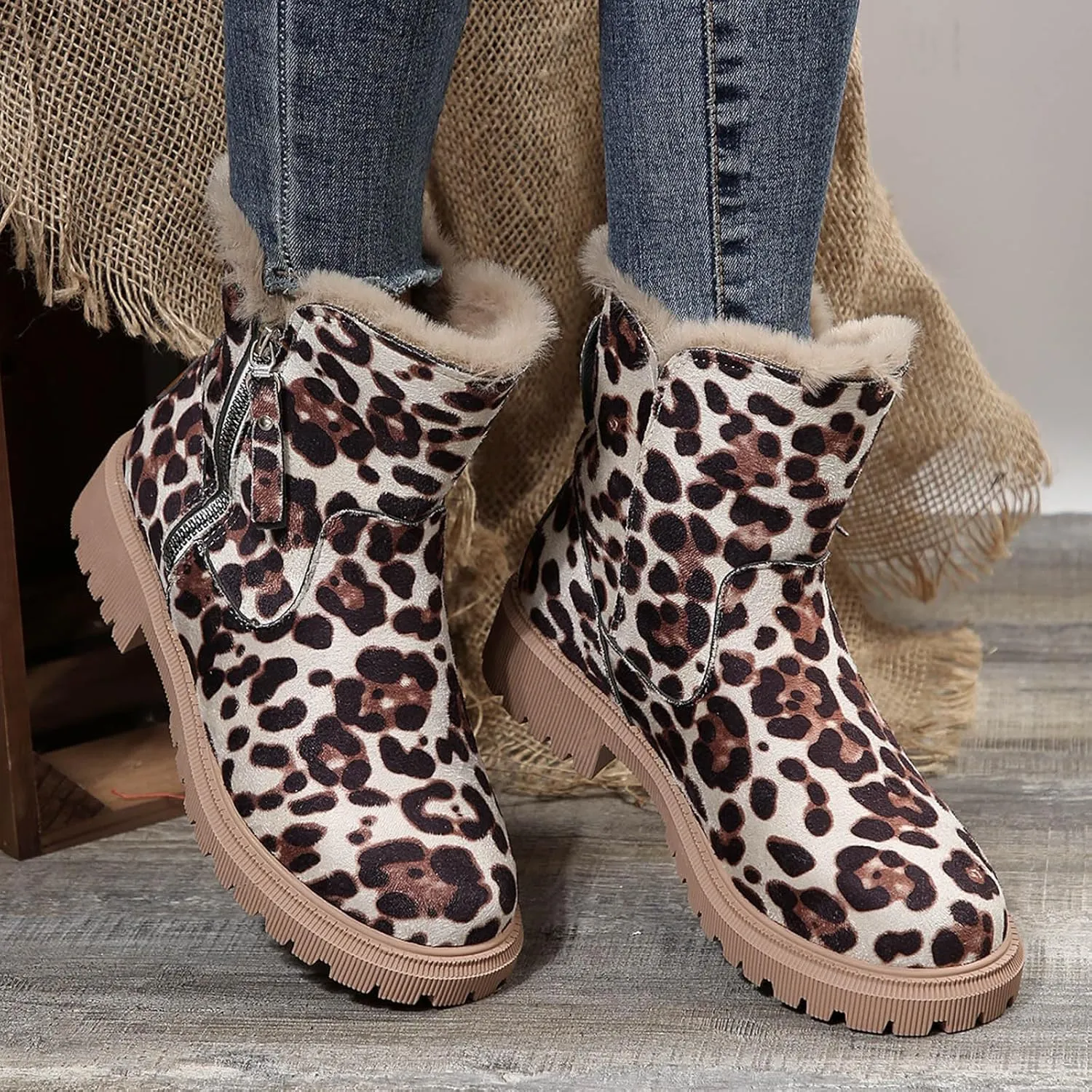 Women's Winter Snow Boots Platform Ankle Boots for Women Fleece Lined Warm Boots Water-proof Non-Slip Outdoor Shoes Chunky Low Heels Side Zipper Insulated Mid-Calf Boots Suede Slip On Boots