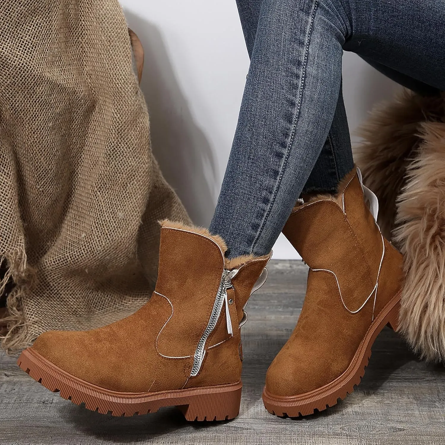 Women's Winter Snow Boots Platform Ankle Boots for Women Fleece Lined Warm Boots Water-proof Non-Slip Outdoor Shoes Chunky Low Heels Side Zipper Insulated Mid-Calf Boots Suede Slip On Boots