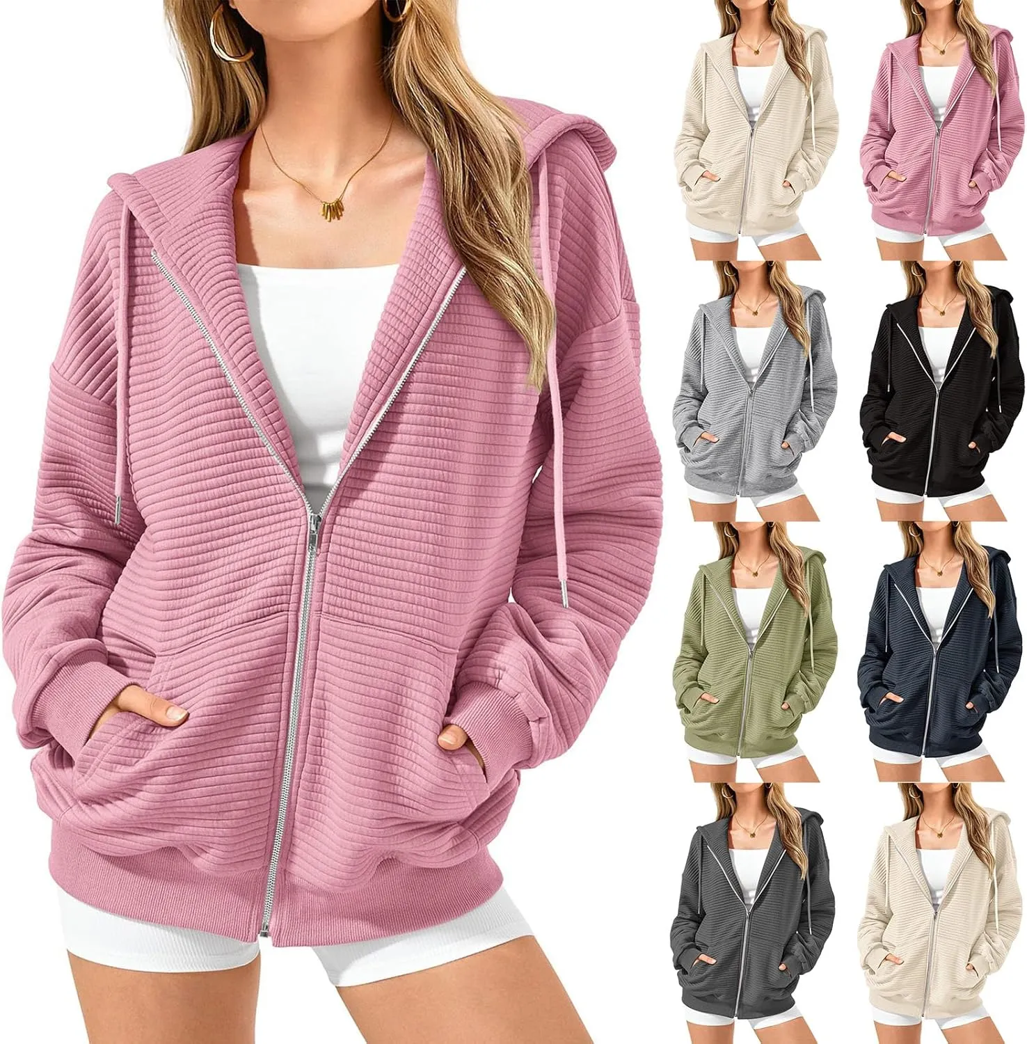 Womens Zip Up Hoodies Casual Long Sleeve Sweatshirts Lightweight Oversized Jacket with Pockets