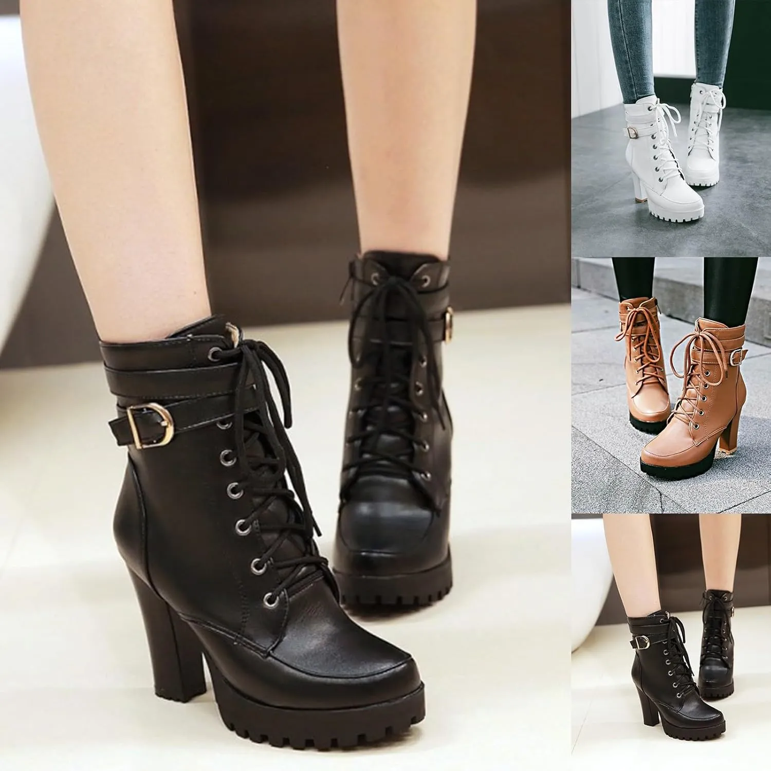 Women's Zipper Booties,Platform Boots for Women,Combat Boots for Women Chunky Heel Booties Round Toe Lace Up High Heel Ankle Boots Buckle Strap Ankle Slip On Short Riding Boots for Party