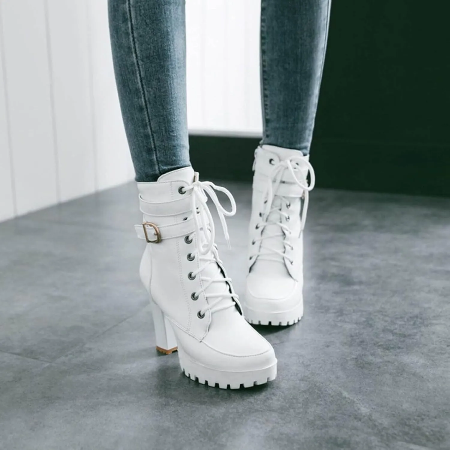 Women's Zipper Booties,Platform Boots for Women,Combat Boots for Women Chunky Heel Booties Round Toe Lace Up High Heel Ankle Boots Buckle Strap Ankle Slip On Short Riding Boots for Party