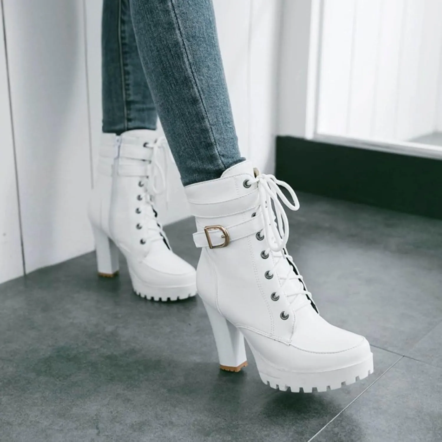 Women's Zipper Booties,Platform Boots for Women,Combat Boots for Women Chunky Heel Booties Round Toe Lace Up High Heel Ankle Boots Buckle Strap Ankle Slip On Short Riding Boots for Party