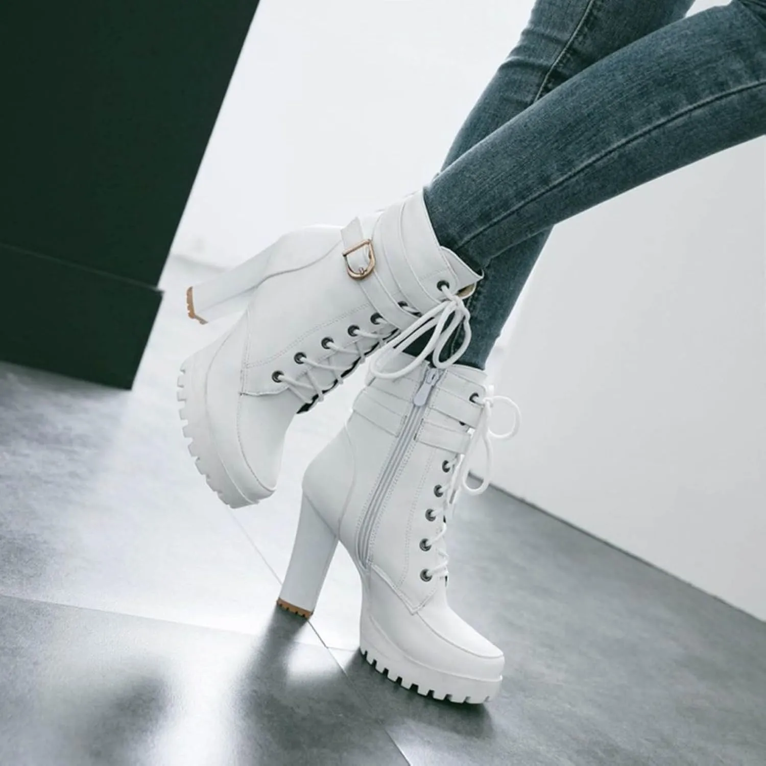 Women's Zipper Booties,Platform Boots for Women,Combat Boots for Women Chunky Heel Booties Round Toe Lace Up High Heel Ankle Boots Buckle Strap Ankle Slip On Short Riding Boots for Party