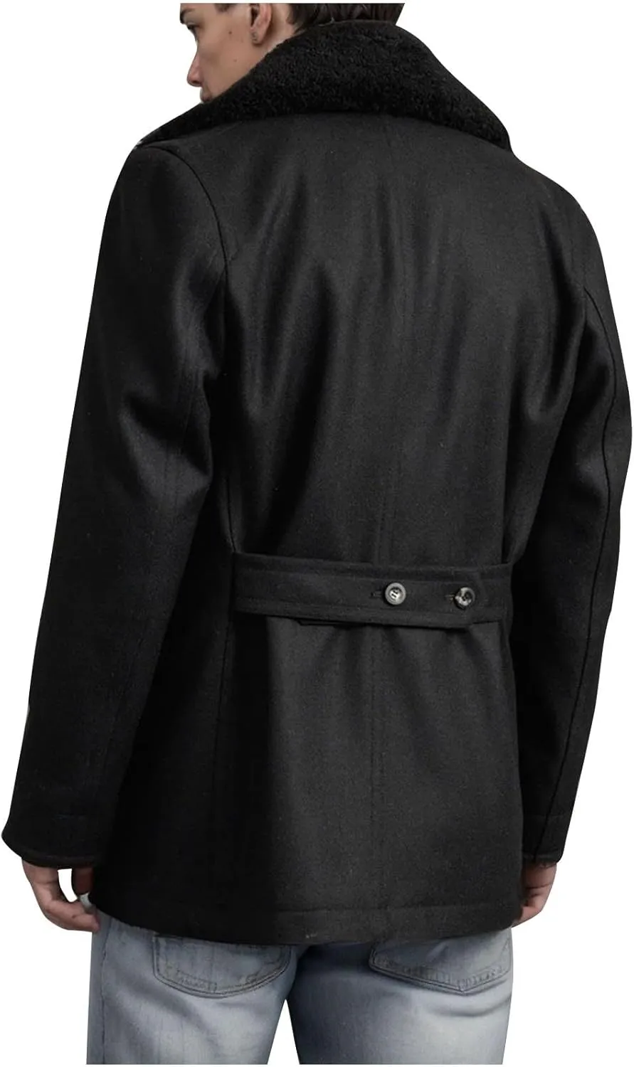 yardsong Wool Blend Coats for Men Faux Fur Lapel Collar Double Breasted Winter Jackets Slim Fit Outerwear with Pockets