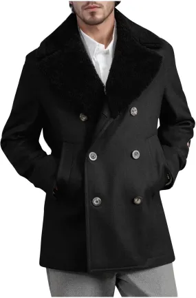 yardsong Wool Blend Coats for Men Faux Fur Lapel Collar Double Breasted Winter Jackets Slim Fit Outerwear with Pockets