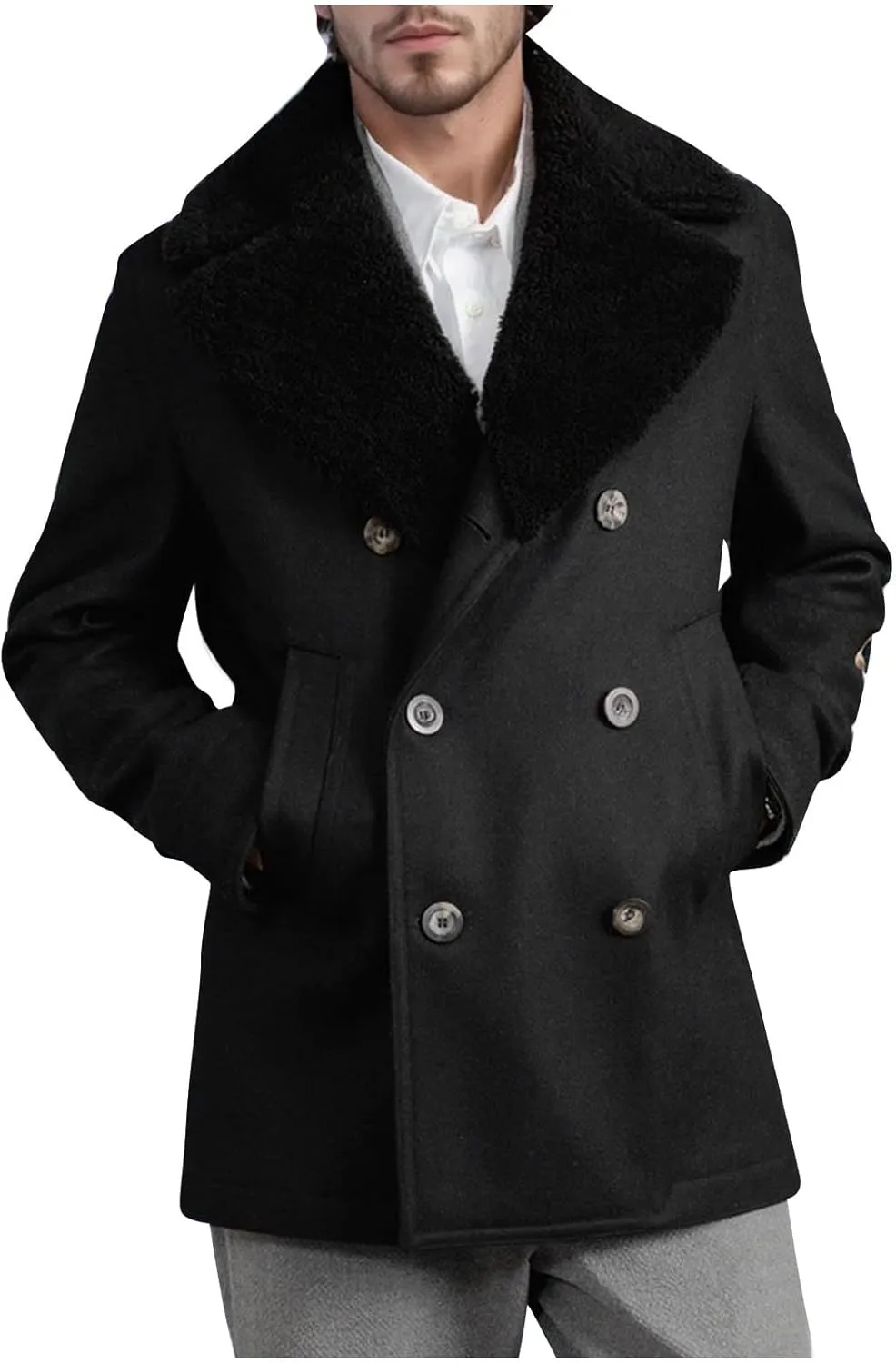 yardsong Wool Blend Coats for Men Faux Fur Lapel Collar Double Breasted Winter Jackets Slim Fit Outerwear with Pockets