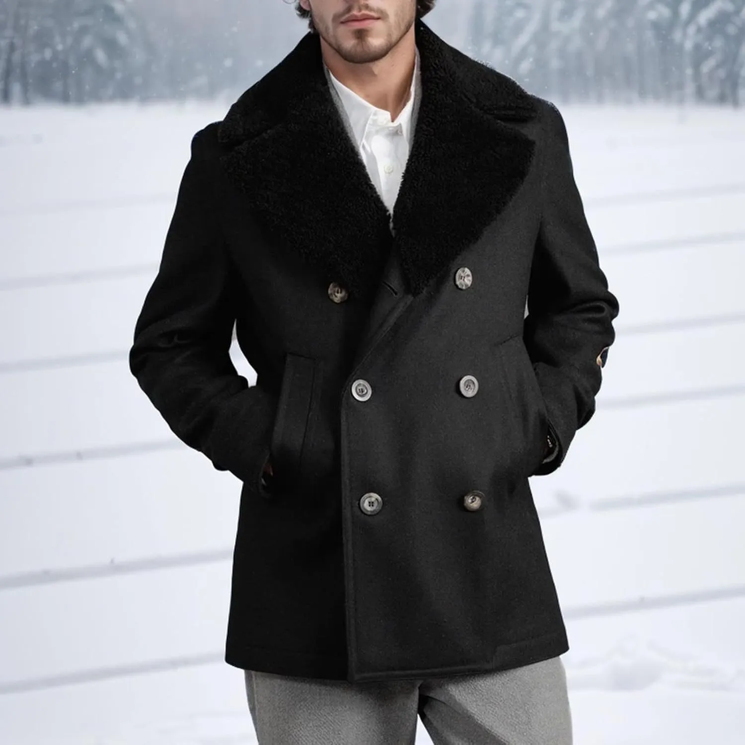 yardsong Wool Blend Coats for Men Faux Fur Lapel Collar Double Breasted Winter Jackets Slim Fit Outerwear with Pockets