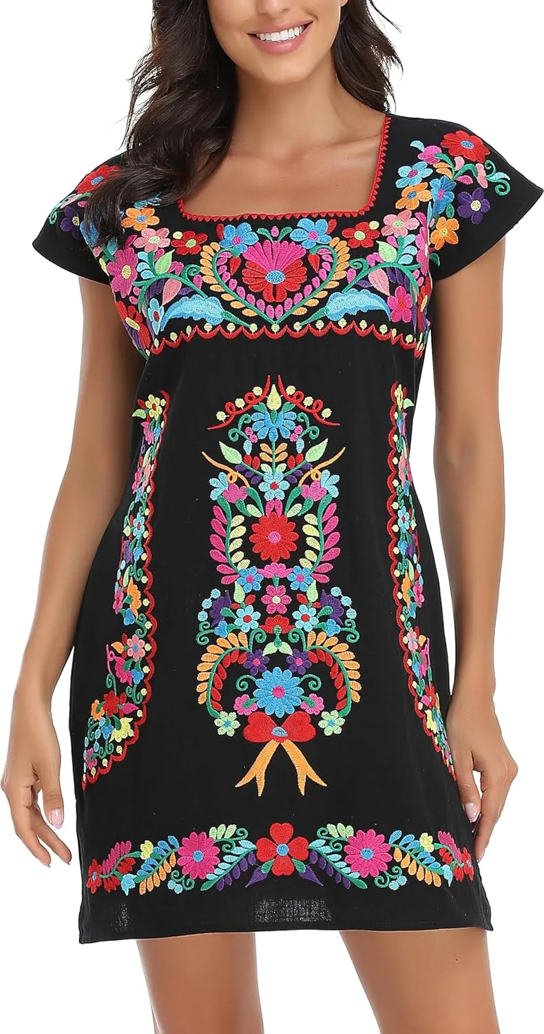 YZXDORWJ Women Mexican Embroidered Dress Ruffle Collar Sleeveless