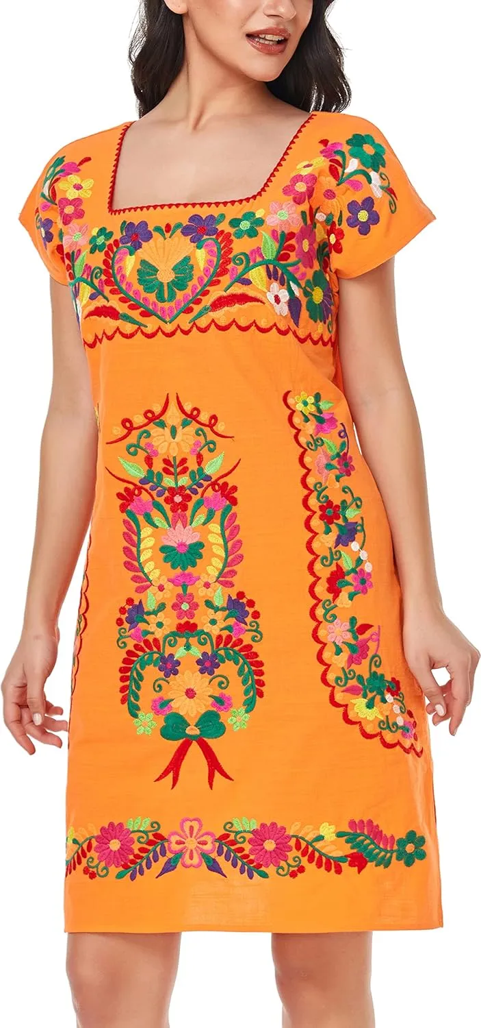 YZXDORWJ Women Mexican Embroidered Dress Ruffle Collar Sleeveless