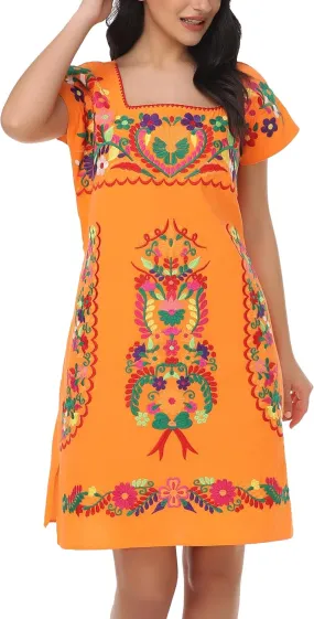 YZXDORWJ Women Mexican Embroidered Dress Ruffle Collar Sleeveless