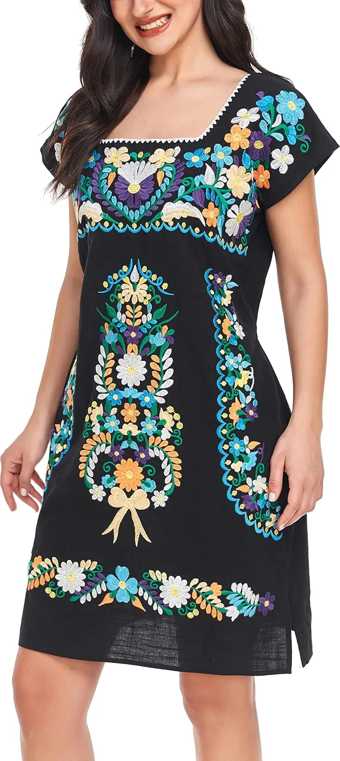 YZXDORWJ Women Mexican Embroidered Dress Ruffle Collar Sleeveless